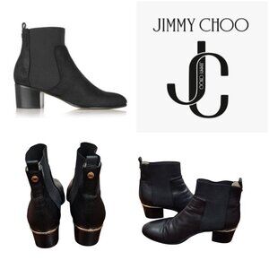 Jimmy Choo Black Leather Chelsea Ankle Boots US10/EU41 Gold Heel Accent Slip-On